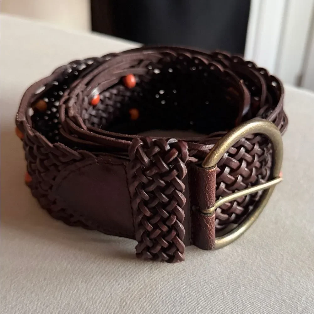 Vintage Ann Taylor LOFT Woven Leather Belt Brown Size L Boho Brass Buckle
